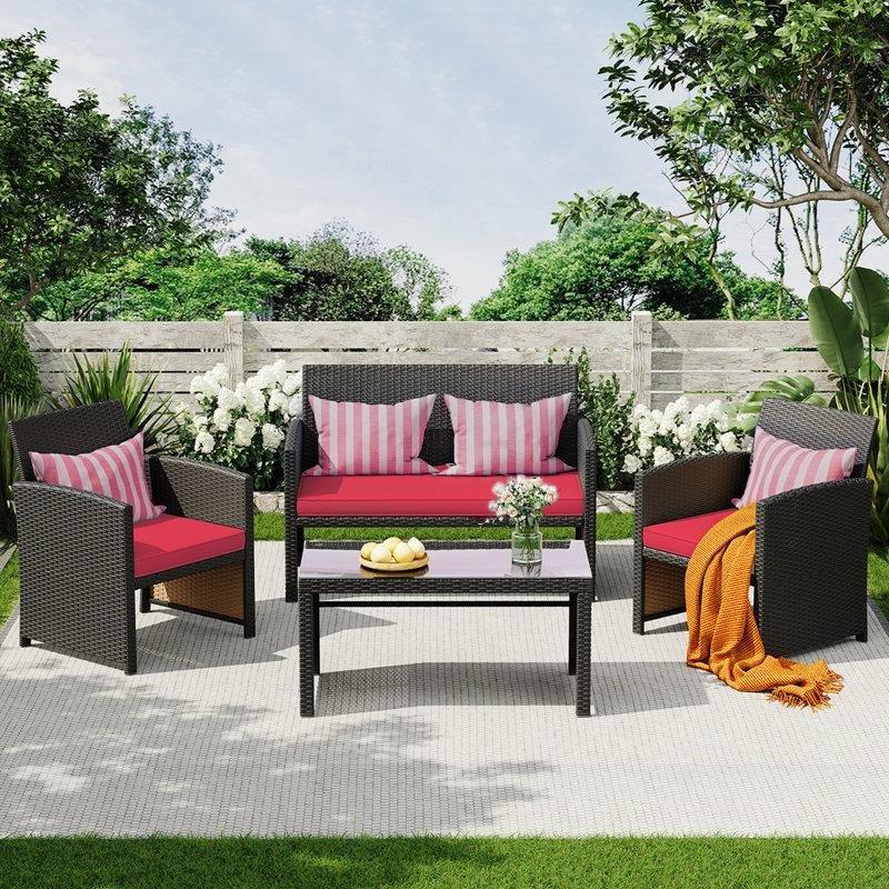 Siyah PE Rattan Minderli 4 Kişilik Bahçe Takımı - 212286