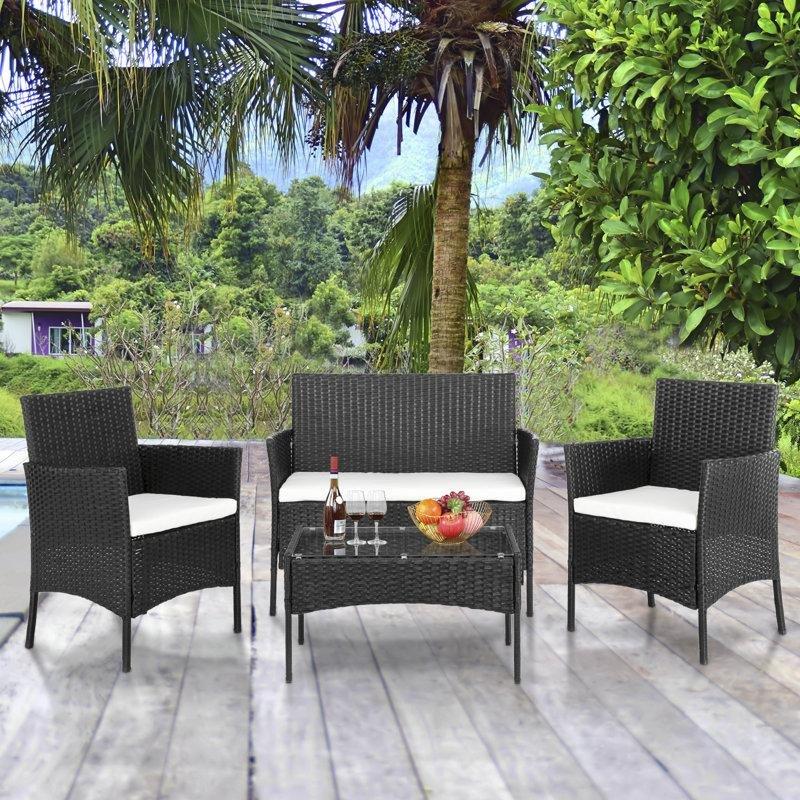 Siyah PE Rattan Minderli 4 Kişilik Cam Tablalı Bahçe Takımı - 211389