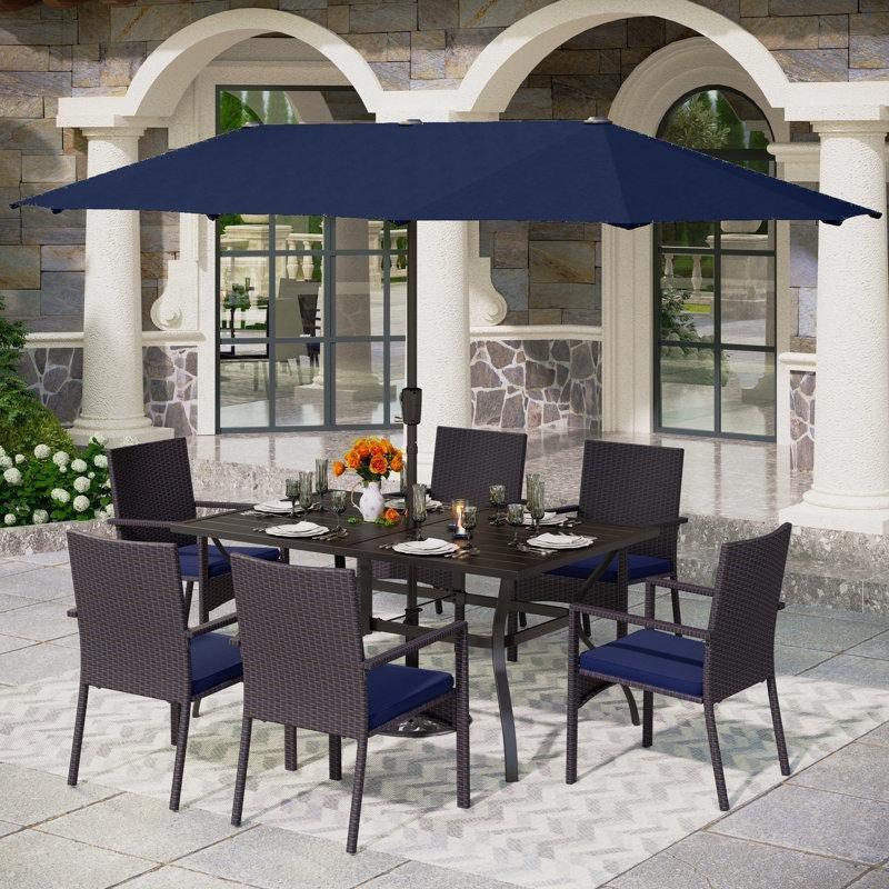 Siyah PE Rattan Minderli ve Şemsiyeli 6 Kişilik Bahçe Masa Takımı - 216690