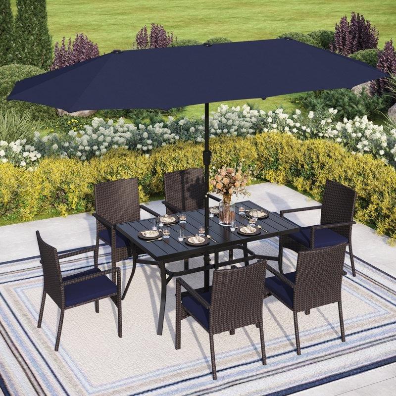 Siyah PE Rattan Şemsiyeli ve Minderli 6 Kişilik Bahçe Masa Takımı - 213878