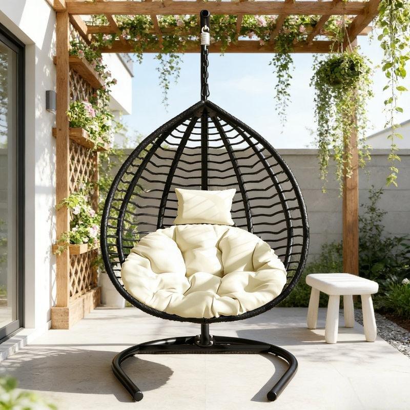 Siyah PE Rattan ve Metal Ayaklı Minderli Tek Kişilik Balkon Salıncağı - 199x108x113 cm - 174006
