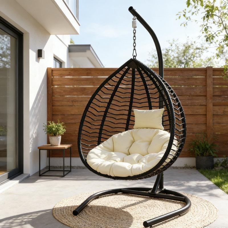 Siyah PE Rattan ve Metal Ayaklı Minderli Tek Kişilik Balkon Salıncağı - 199x108x113 cm - 174006