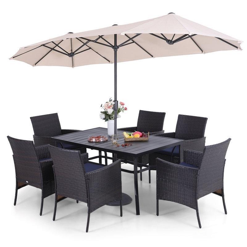 Siyah PE Rattan ve Metal Şemsiyeli 6 Kişilik Bahçe Masa Takımı - 215526