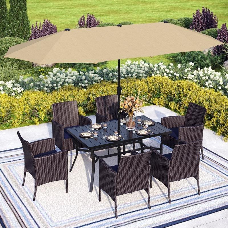 Siyah PE Rattan ve Metal Şemsiyeli 6 Kişilik Bahçe Masa Takımı - 215526