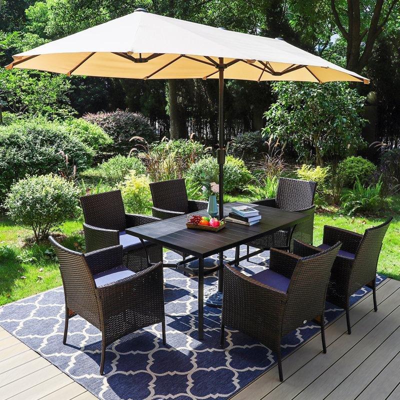 Siyah PE Rattan ve Metal Şemsiyeli 6 Kişilik Bahçe Masa Takımı - 215526