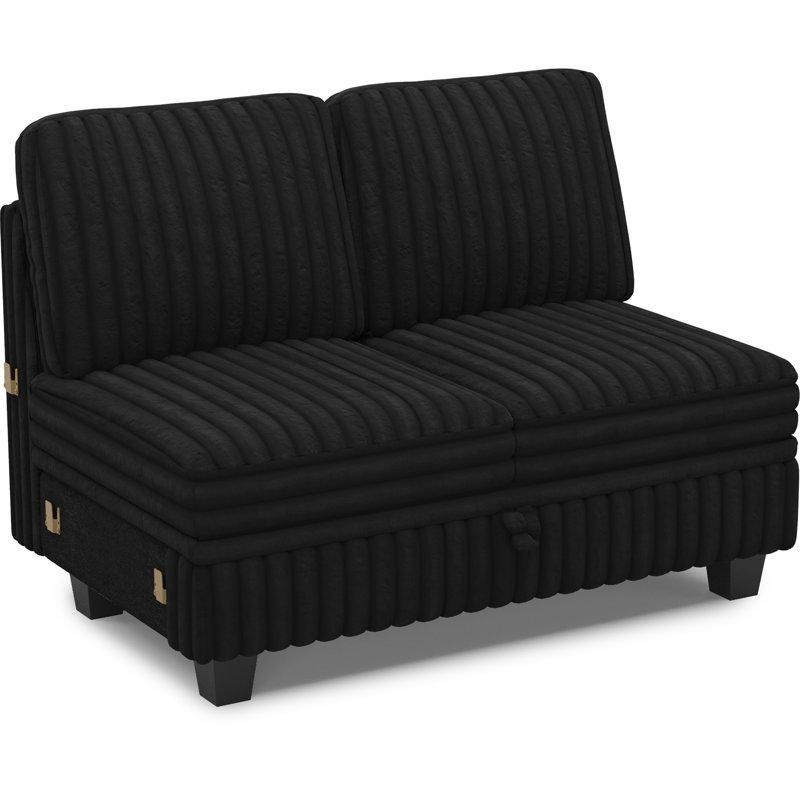 Siyah Peluş Masif Ahşap Sandıklı Modüler İkili Koltuk - 117 cm - 207619