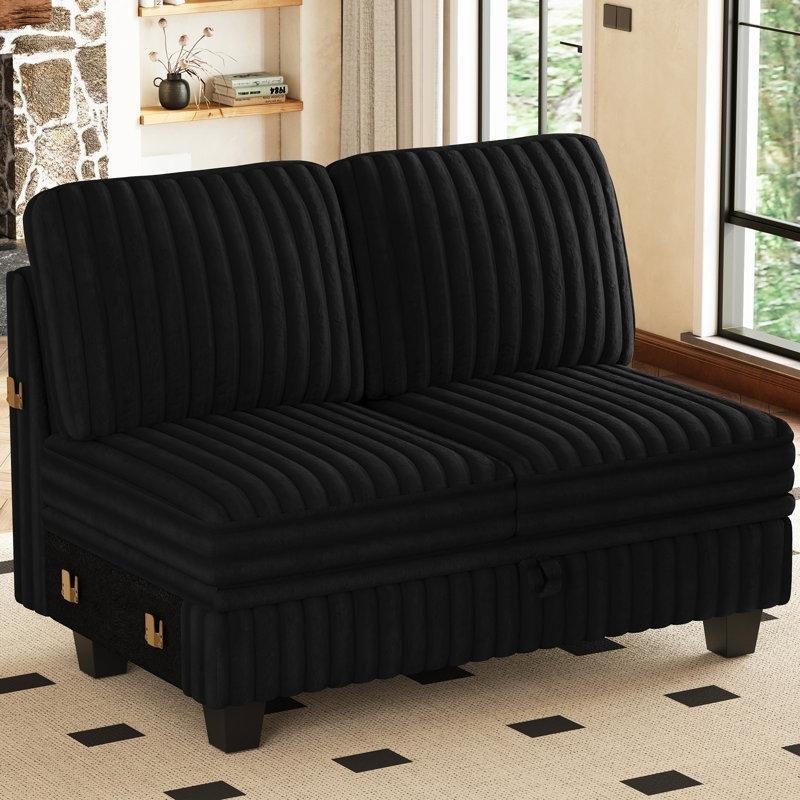 Siyah Peluş Masif Ahşap Sandıklı Modüler İkili Koltuk - 117 cm - 207619