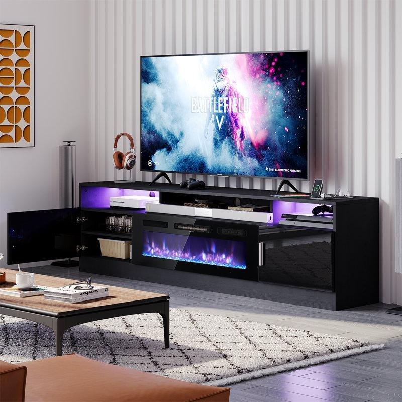 Siyah Prizli LED Işıklı Elektrikli Şömineli TV Ünitesi - 204 cm - 222055