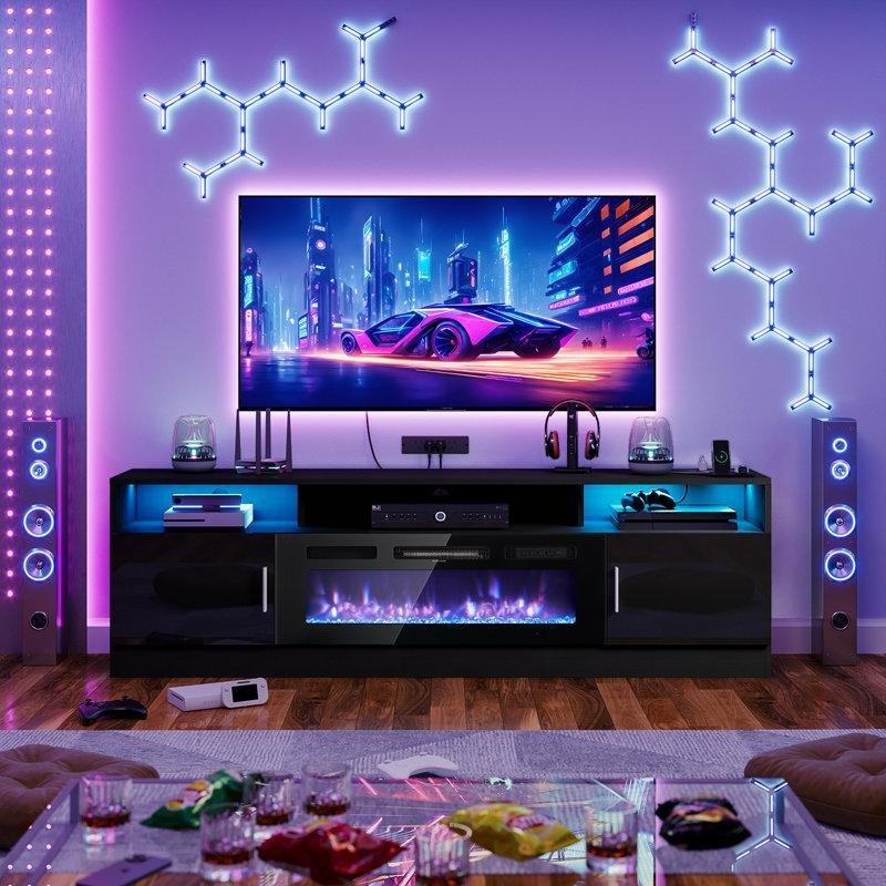 Siyah Prizli LED Işıklı Elektrikli Şömineli TV Ünitesi - 204 cm - 222055