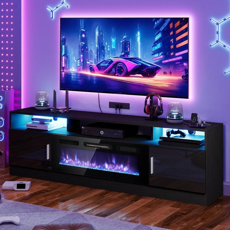 Siyah Prizli LED Işıklı Elektrikli Şömineli TV Ünitesi - 204 cm - 222055