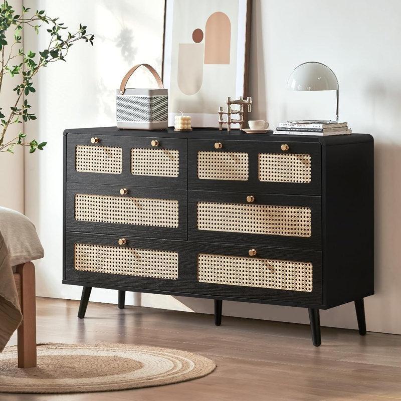 Siyah Rattan 6 Çekmeceli Gold Kulplu Bohem Şifonyer - 120 cm - 181933