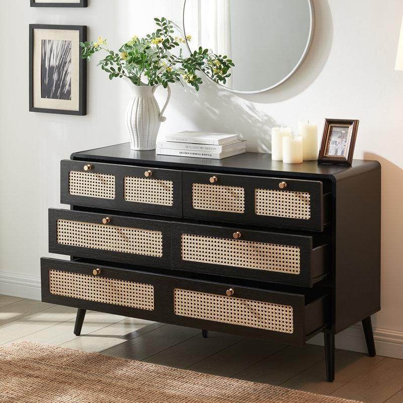 Siyah Rattan 6 Çekmeceli Gold Kulplu Bohem Şifonyer - 120 cm - 181933