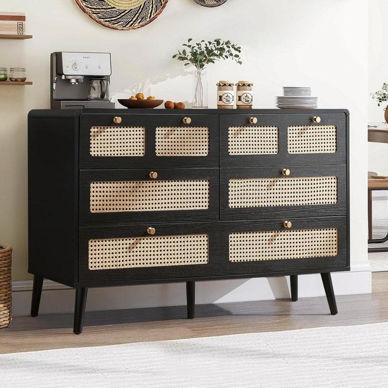 Siyah Rattan 6 Çekmeceli Gold Kulplu Bohem Şifonyer - 120 cm - 181933