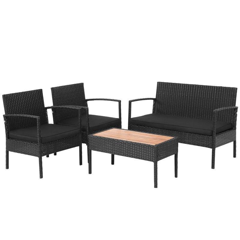 Siyah Rattan Akasya Ahşap Tablalı 4 Kişilik Minderli Bahçe Takımı - 209989