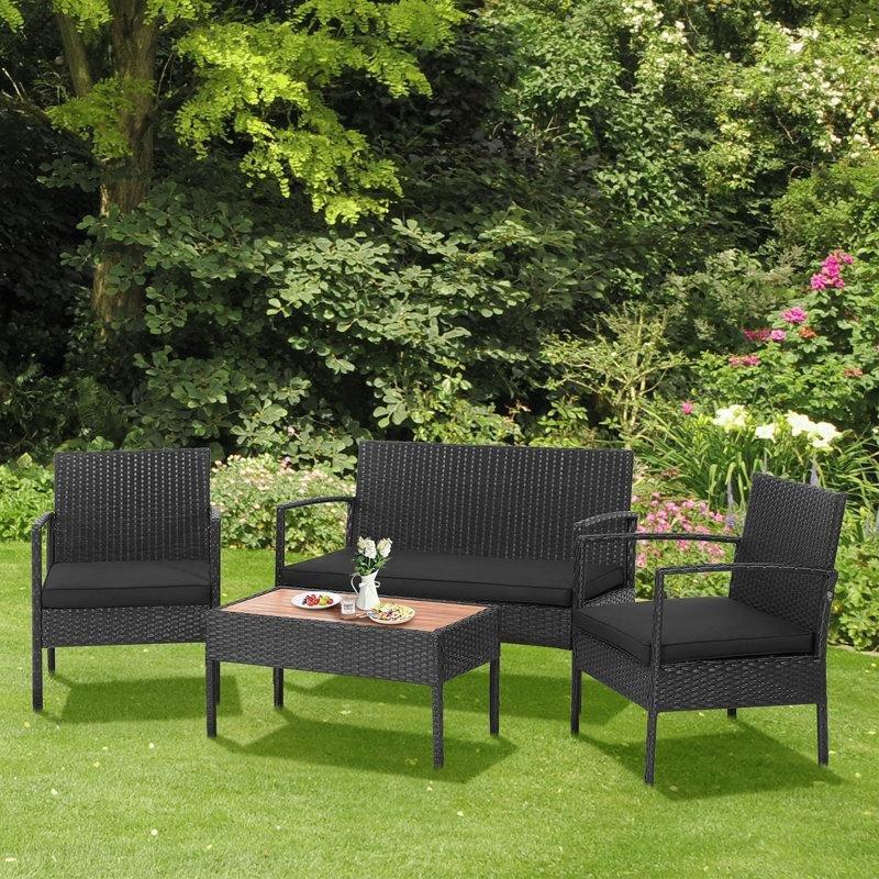 Siyah Rattan Akasya Ahşap Tablalı 4 Kişilik Minderli Bahçe Takımı - 209989