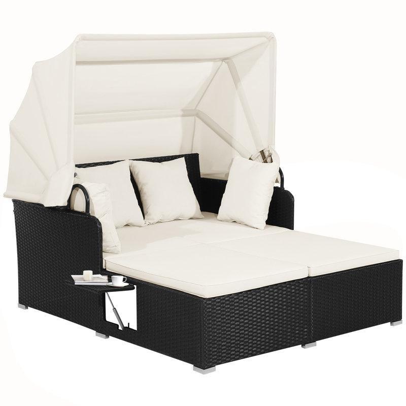 Siyah Rattan Gölgelikli Çift Kişilik Şezlong - 154 cm - 171133