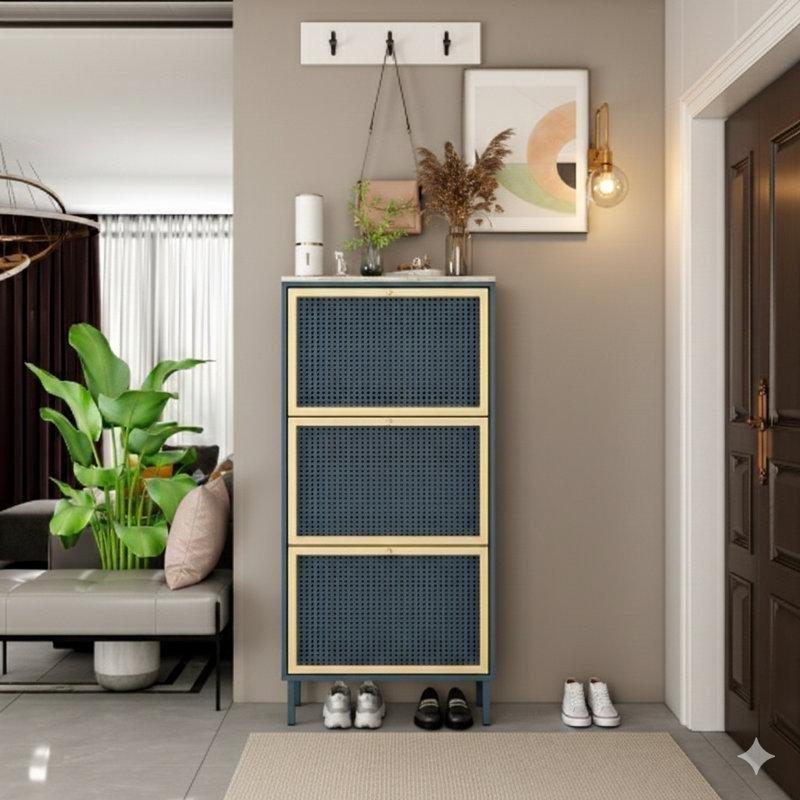Siyah Rattan Metal Ayaklı 3 Düşer Kapaklı Ayakkabılık - 228557