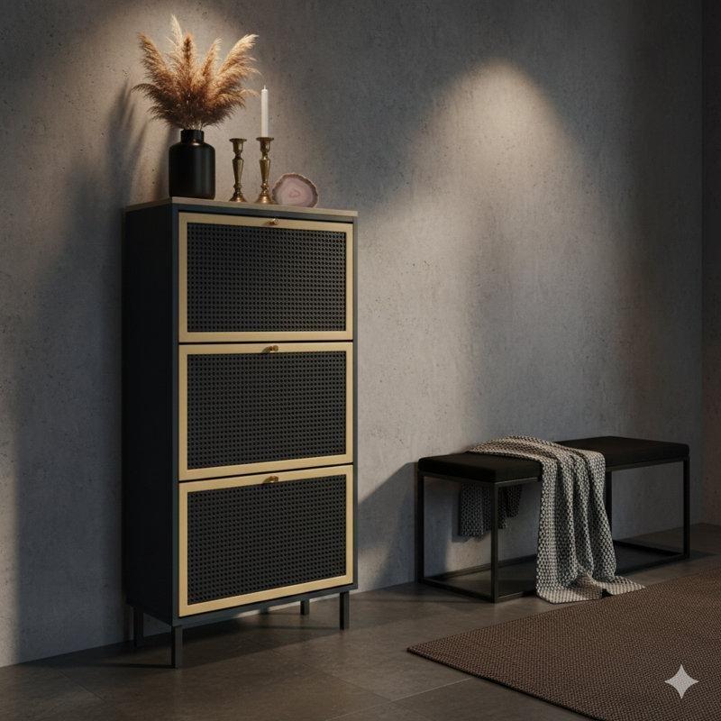 Siyah Rattan Metal Ayaklı 3 Düşer Kapaklı Ayakkabılık - 228557