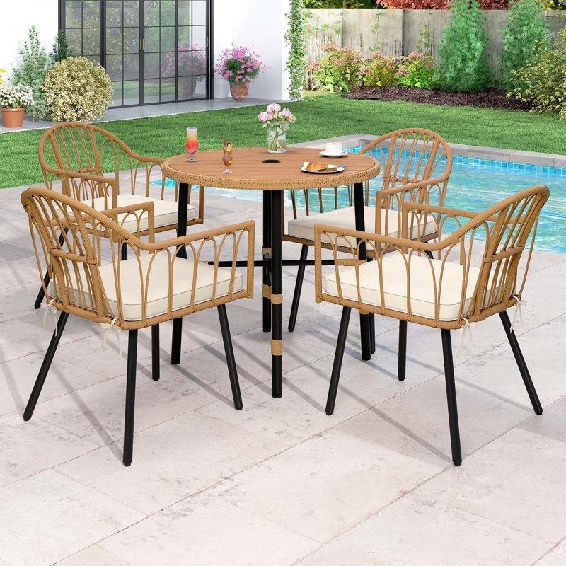 Siyah Rattan Metal Minderli 4 Kişilik Yuvarlak Bahçe Masa Takımı - 213479