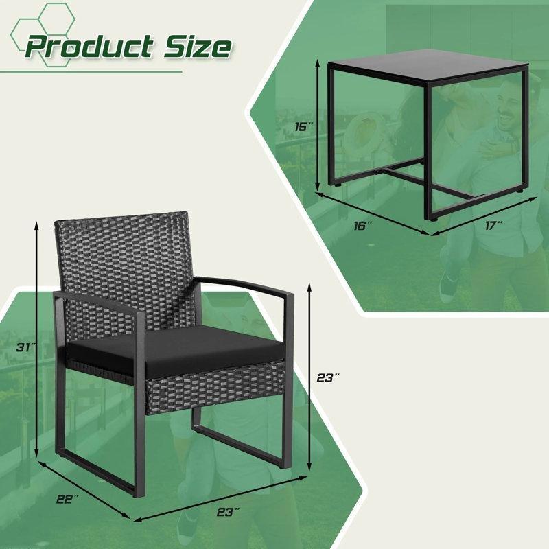 Siyah Rattan Metal Minderli Cam Tablalı Bistro Seti - 174796