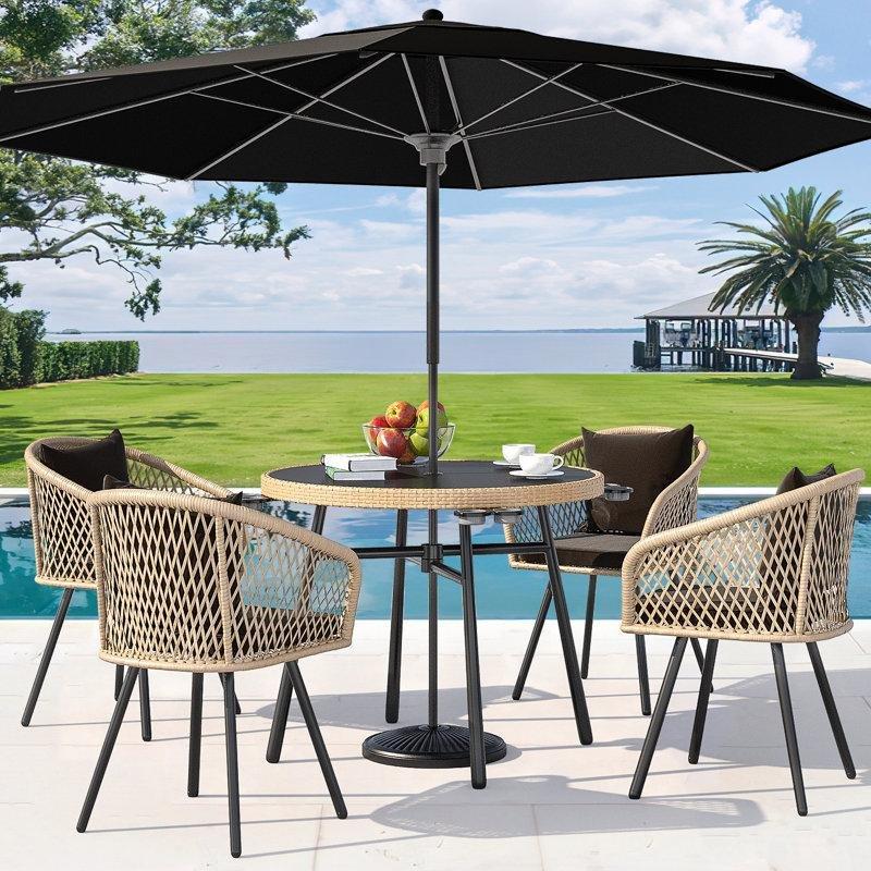 Siyah Rattan Minderli 4 Kişilik Yuvarlak Cam Masalı Çelik Bahçe Masa Takımı - 214887