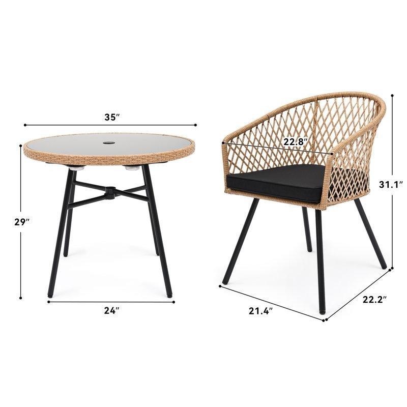 Siyah Rattan Minderli 4 Kişilik Yuvarlak Cam Masalı Çelik Bahçe Masa Takımı - 214887