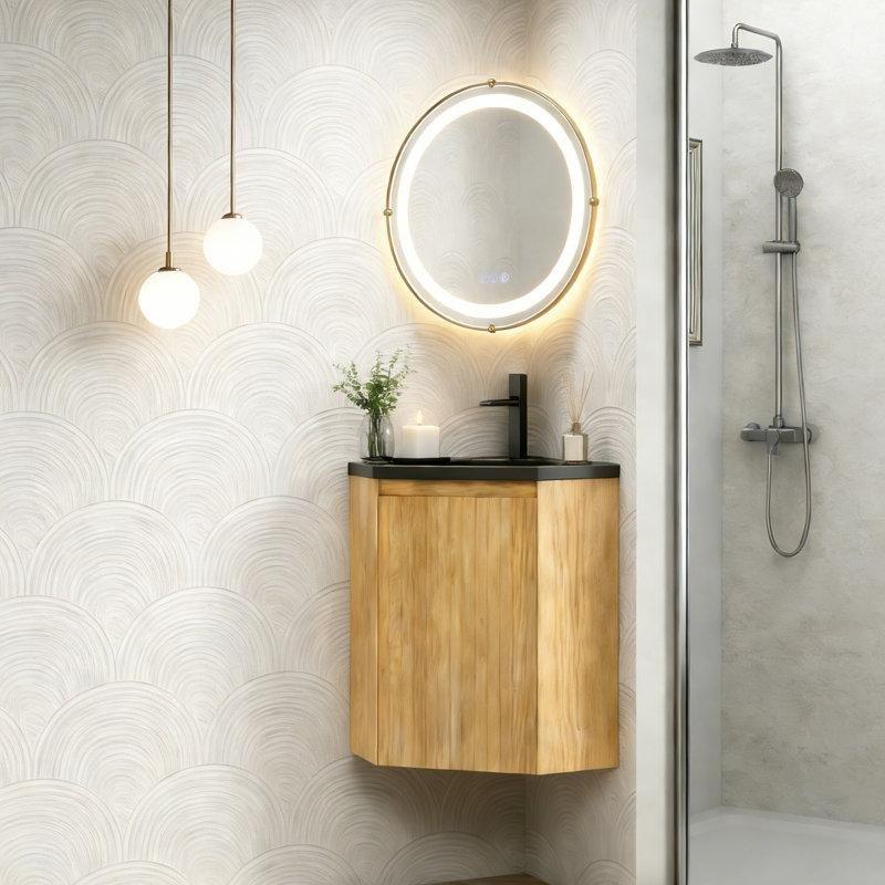 Siyah Reçine Lavabolu Ahşap Duvara Monte Köşe Banyo Lavabo Dolabı - 55 cm - 199710
