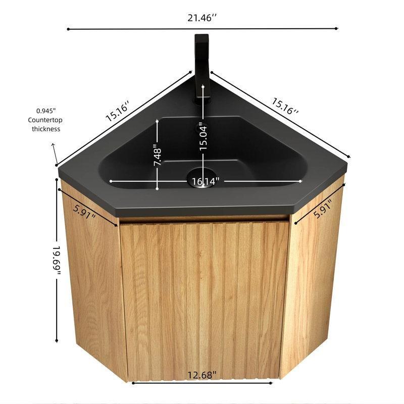 Siyah Reçine Lavabolu Ahşap Duvara Monte Köşe Banyo Lavabo Dolabı - 55 cm - 199710