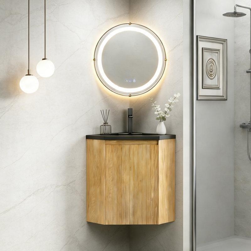 Siyah Reçine Lavabolu Ahşap Duvara Monte Köşe Banyo Lavabo Dolabı - 55 cm - 199710