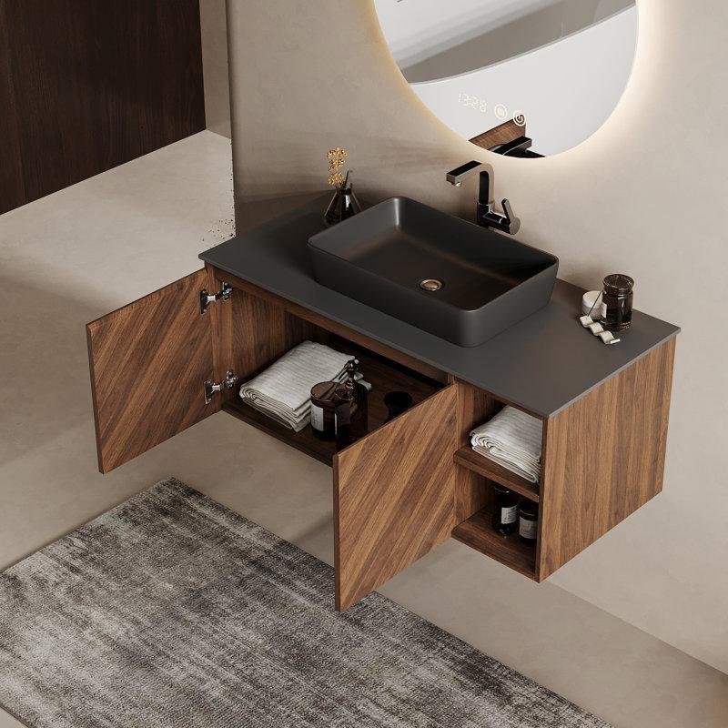 Siyah Seramik Lavabolu Kahverengi Ceviz Duvara Monte Banyo Dolabı - 91 cm - 197810