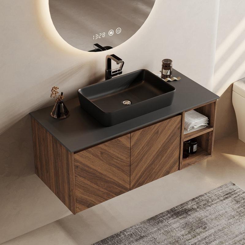 Siyah Seramik Lavabolu Kahverengi Ceviz Duvara Monte Banyo Dolabı - 91 cm - 197810