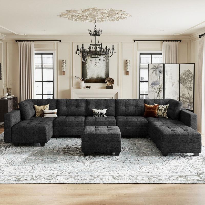 Siyah Şönil Kumaş Masif Ahşap 7 Kişilik Modüler Sandıklı Puflu U Köşe Koltuk Takımı - 364x216 cm - 193520