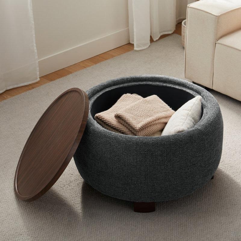 Siyah Şönil Kumaş Tepsili Sandıklı Yuvarlak Puf - 75 cm - 165037