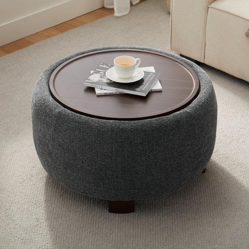 Siyah Şönil Kumaş Tepsili Sandıklı Yuvarlak Puf - 75 cm - 165037