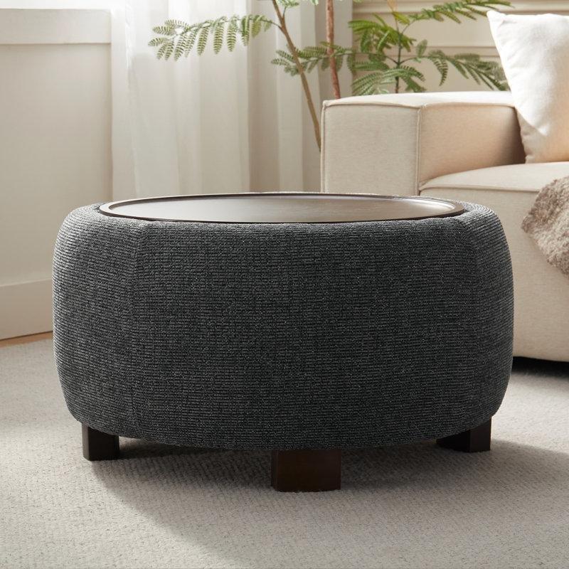 Siyah Şönil Kumaş Tepsili Sandıklı Yuvarlak Puf - 75 cm - 165037