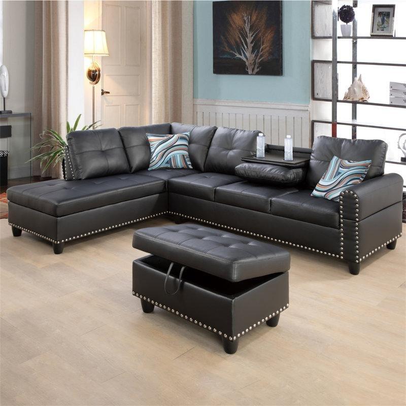 Siyah Suni Deri Bardaklıklı Modüler Köşe Koltuk Takımı Saklama Alanlı Puflu - 248 cm - 194668