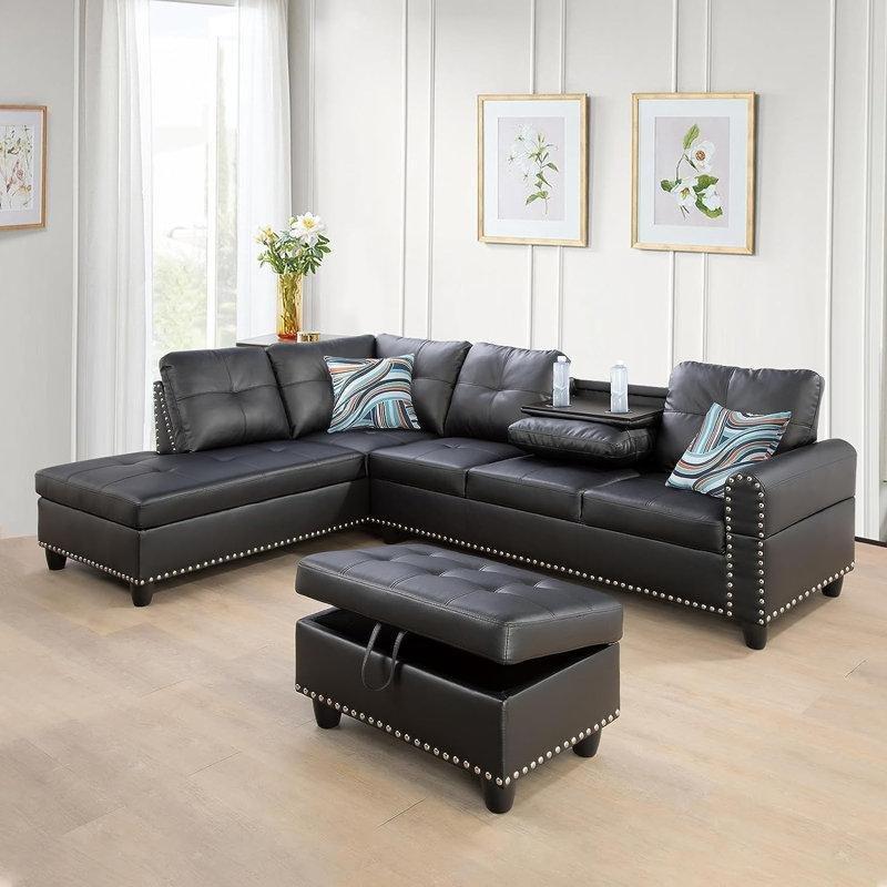 Siyah Suni Deri Bardaklıklı Modüler Köşe Koltuk Takımı Saklama Alanlı Puflu - 248 cm - 194668