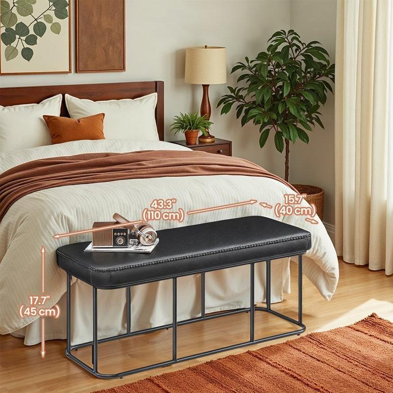 Siyah Suni Deri Çelik Ayaklı Dikişli Modern Bench - 110 cm - 164245