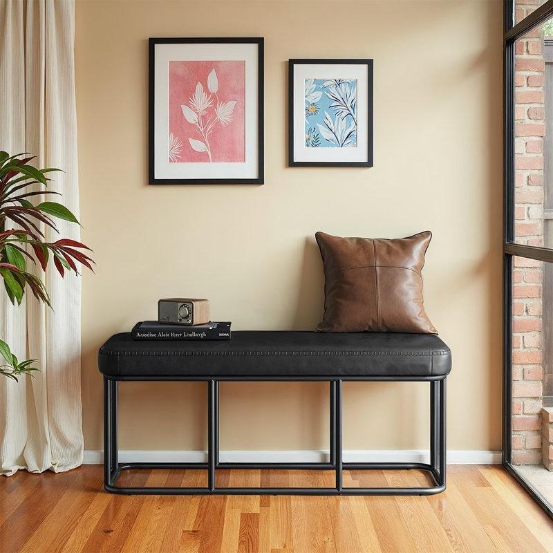 Siyah Suni Deri Çelik Ayaklı Dikişli Modern Bench - 110 cm - 164245 Siyah Suni Deri Çelik Ayaklı Dikişli Modern Bench - 110 cm - 164245