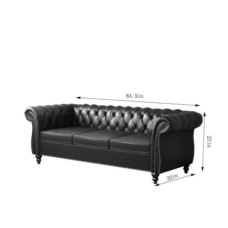 Siyah Suni Deri Chesterfield Kapitoneli Metal Zımbalı Koltuk Takımı - 192097