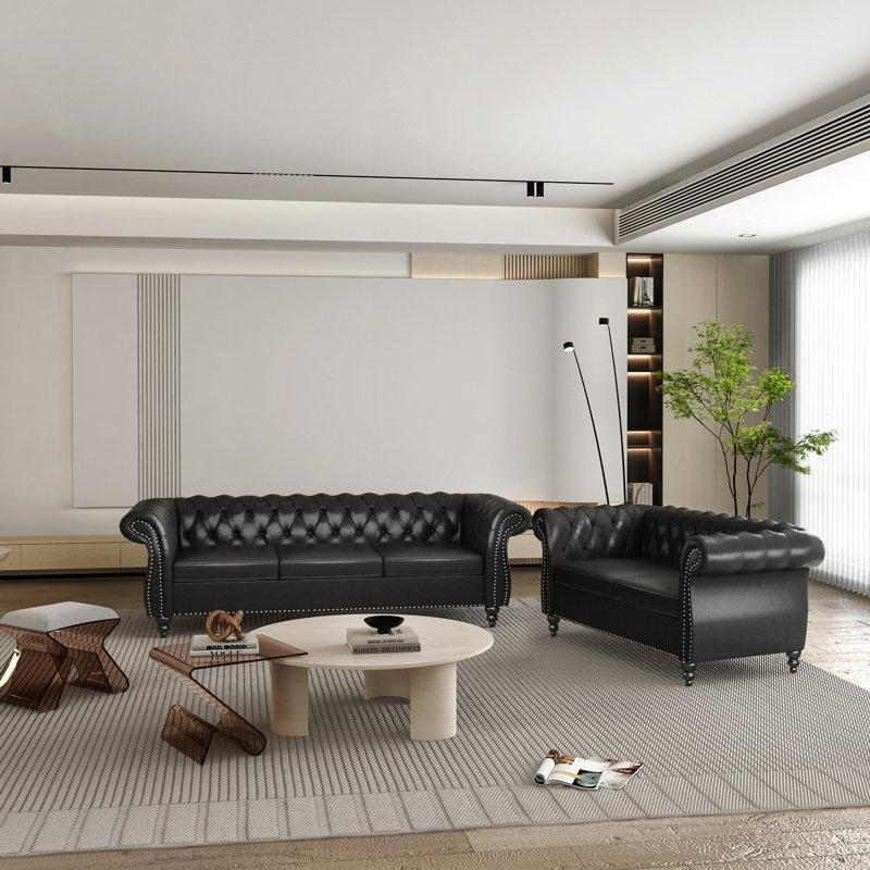 Siyah Suni Deri Chesterfield Kapitoneli Metal Zımbalı Koltuk Takımı - 192097
