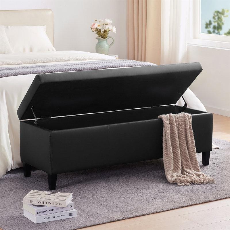 Siyah Suni Deri Döşemeli Sandıklı Bench Masif Huş Ağacı Ayaklı - 128 cm - 164716