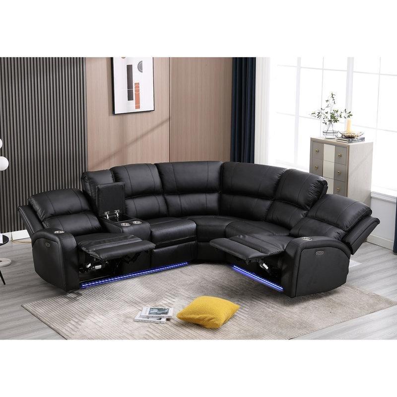 Siyah Suni Deri Elektrikli Mekanizmalı LED Işıklı Saklama Alanlı Köşe Koltuk Takımı - 276x244 cm - 194907