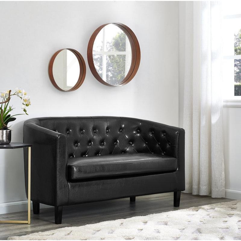 Siyah Suni Deri Kapitone Chesterfield İkili Koltuk - 122 cm - 206977