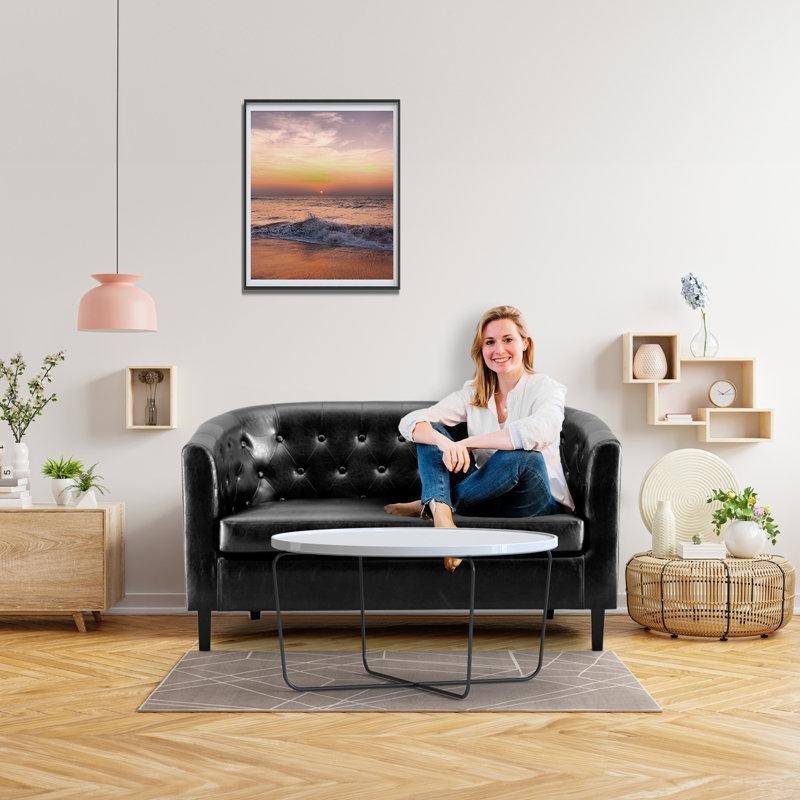 Siyah Suni Deri Kapitone Chesterfield İkili Koltuk - 122 cm - 206977