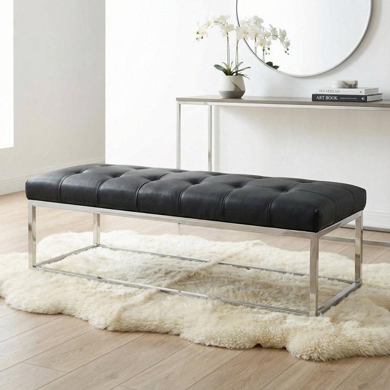Siyah Suni Deri Kapitoneli Krom Ayaklı Bench - 153 cm - 164260