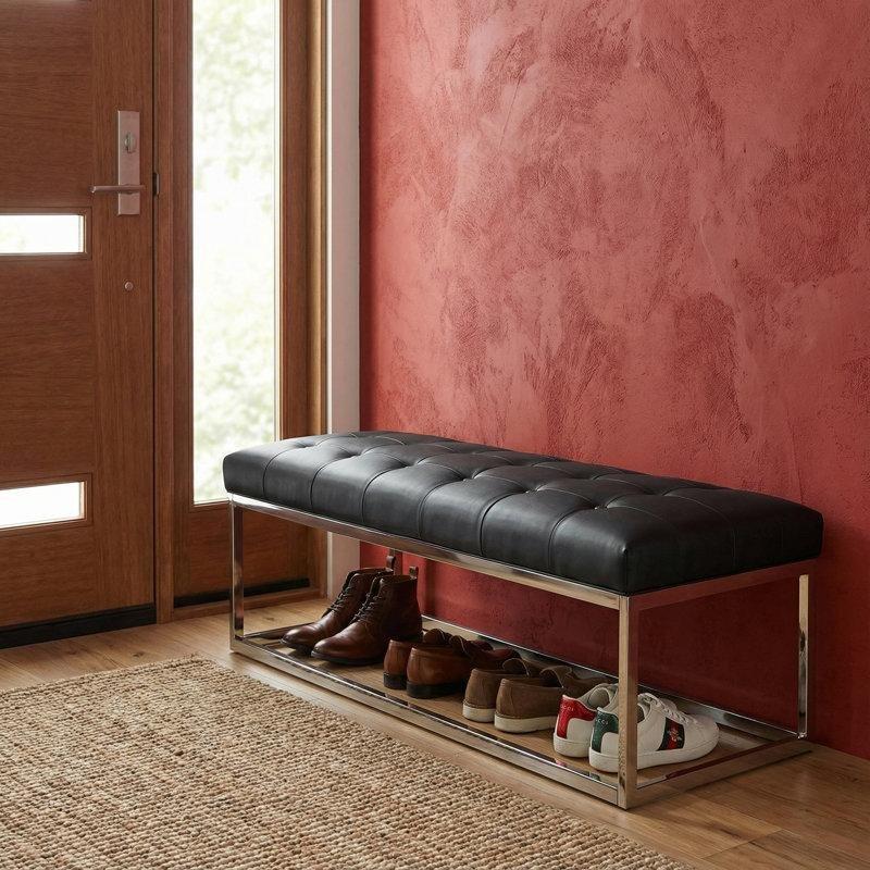 Siyah Suni Deri Kapitoneli Krom Ayaklı Bench - 153 cm - 164260