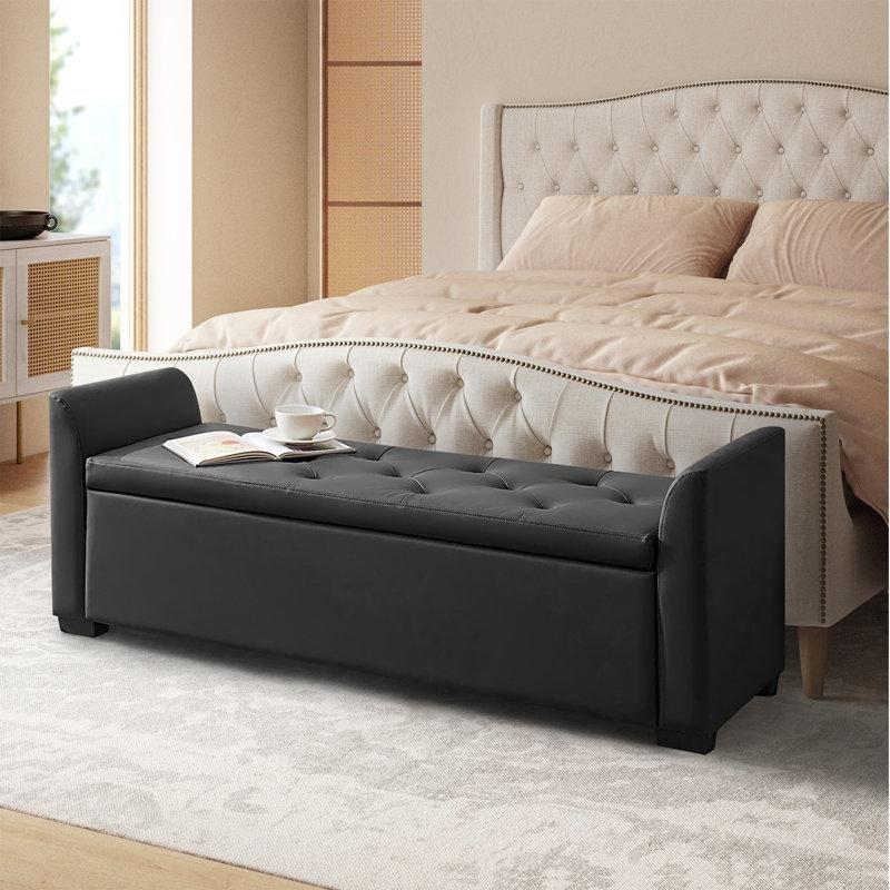 Siyah Suni Deri Kapitoneli Sandıklı Kollu Bench - 147 cm - 164527