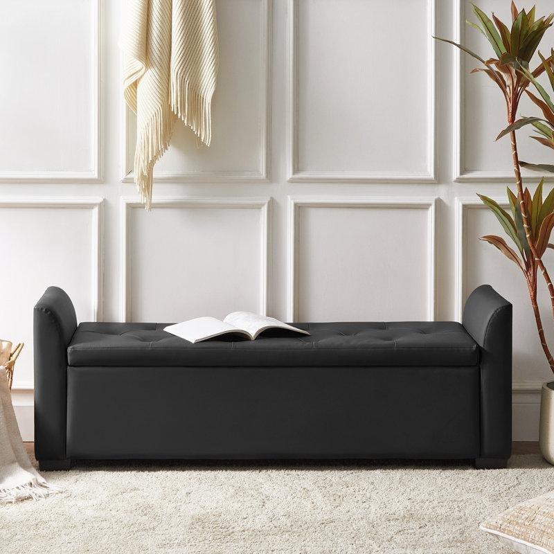 Siyah Suni Deri Kapitoneli Sandıklı Kollu Bench - 147 cm - 164527