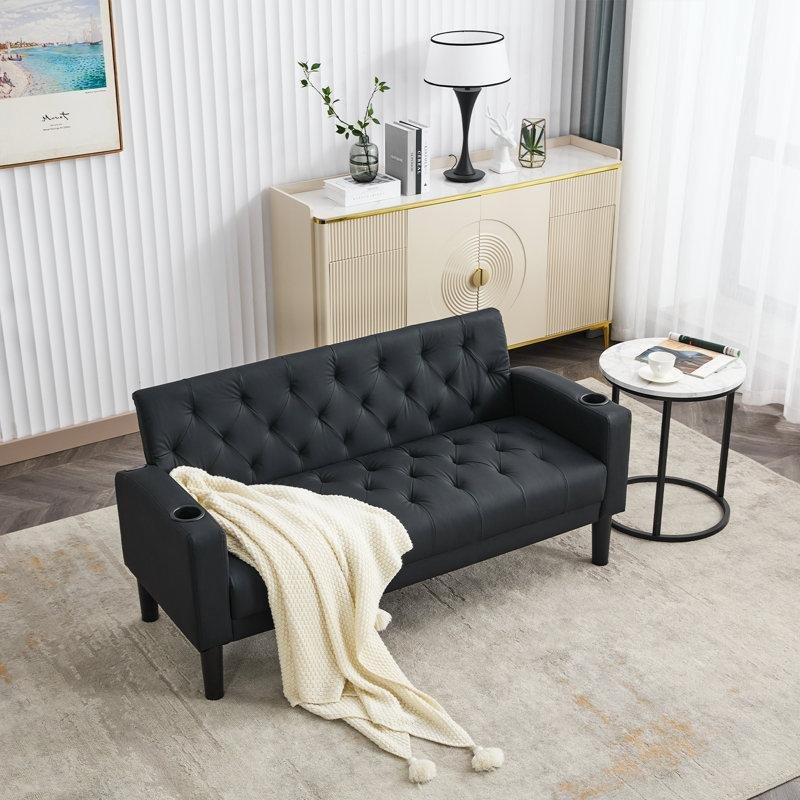 Siyah Suni Deri Kapitoneli USB Portlu ve Bardaklıklı İkili Koltuk - 158 cm - 197026